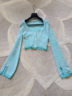 ACNE STUDIOS Cropped Crochet Knit Cardigan Top in Blue - Size Small